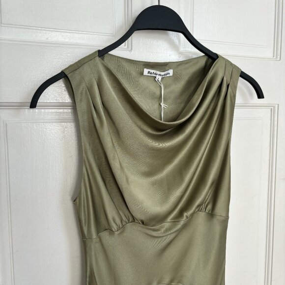 Reformation Dessa Dress NWT Midi Long Artichoke Green Maxi Cowl Neck Cocktail 4 - Picture 5 of 8